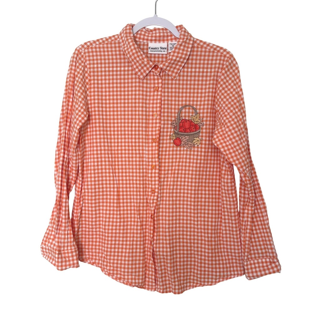 Vtg Country Store Gingham Embroidered Apples Shirt M Orange Fall Cottagecore